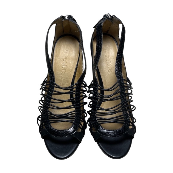 L.A.M.B. Raivyn 8.5 M Black Embossed Textured Caged Strappy Stiletto Heels Shoes - Picture 3 of 13